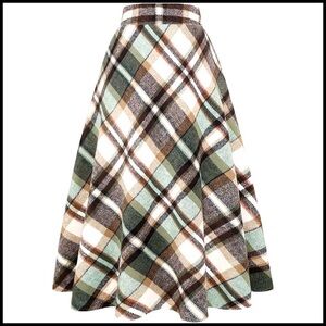 Wool Plaid A-Line Skirt High Waist Pleated Midi Fall Winter Casual